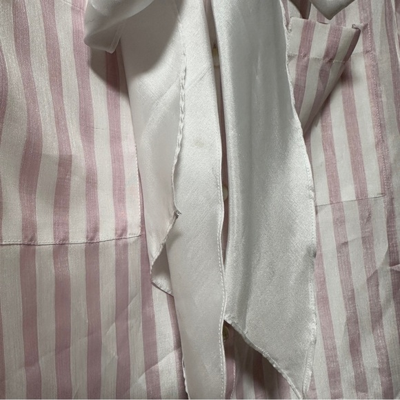 💙 Vintage Savant Pink White Striped Tie Neck Secretary Blouse Size Large Retro - Picture 12 of 16